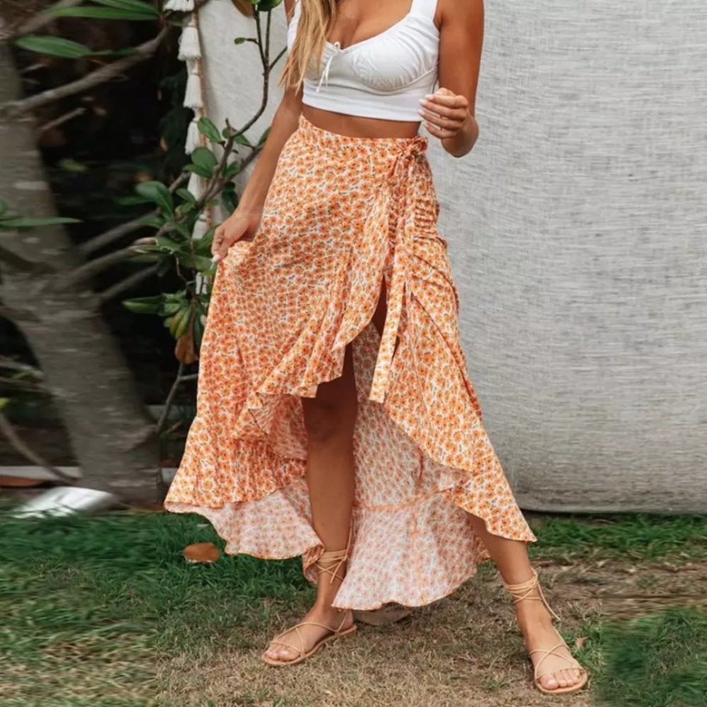 Orange Boho Floral Maxi Ruffle Wrap Skirt - Picture 2 of 6